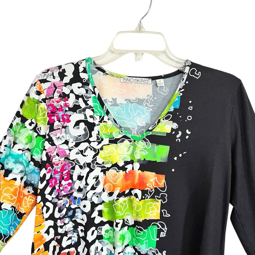 Snoskins Art To Wear Ruffle Sleeve Top M Abstract Unique Stretch Resortwear - Picture 2 of 6